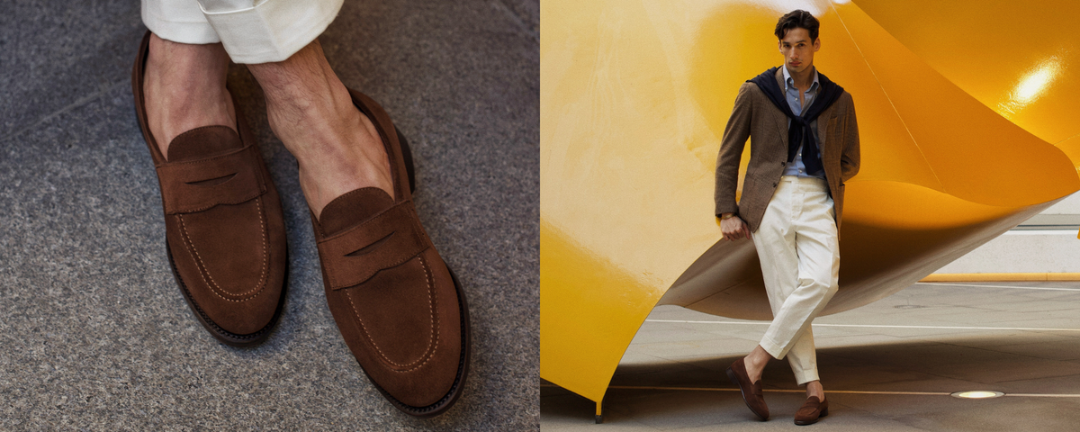Etymology Ito penny loafer in snuff suede, worn sockless with cream pleated trousers and a check blazer